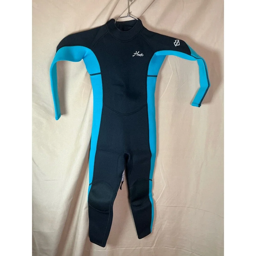 Hevto Wetsuit Kids Size 7 Black Blue Excellent 3mm Neoprene Full Body Back Zip